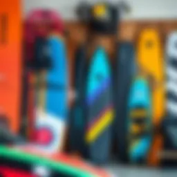 Kiteboarding gear display featuring various kites and boards