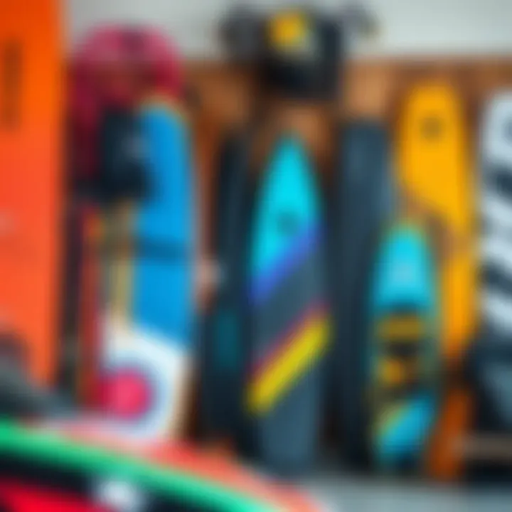 Kiteboarding gear display featuring various kites and boards