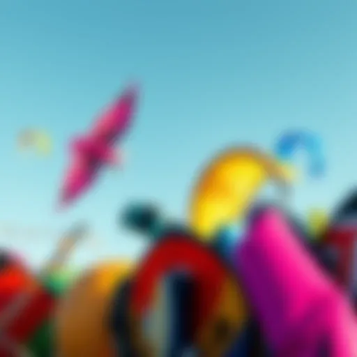 Diverse Kite Collection A vibrant collection of various kites displayed against a clear blue sky