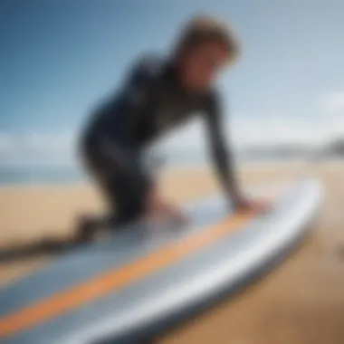 Kiteboarding enthusiast examining a second-hand foil surfboard