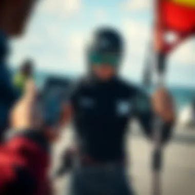 Assessing Wind Conditions for Kiteboarding Kiteboarder checking wind conditions with a handheld device