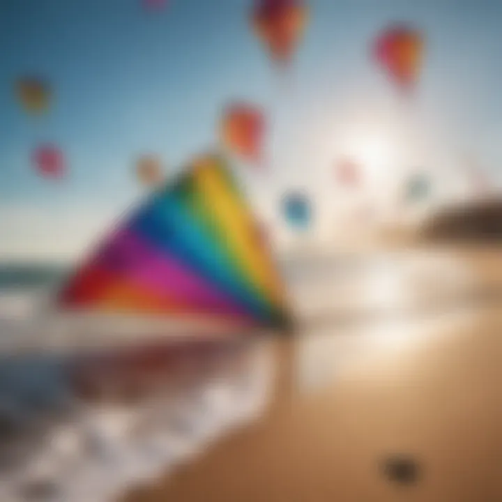 Vibrant collection of foil kites displayed on the beach during a breezy day