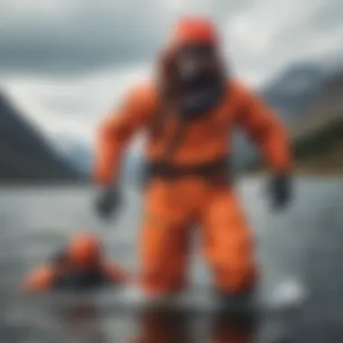 An overview of Mustang Survival drysuit features including pockets and insulation.