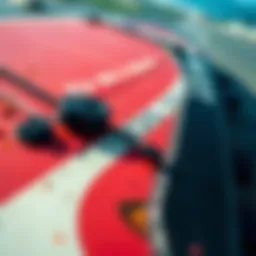 A close-up view of a used kite board showcasing its design and wear