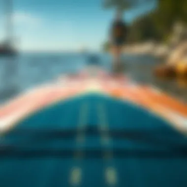 Detailed view of the paddle board's construction materials Detailed view of the paddle board's construction materials