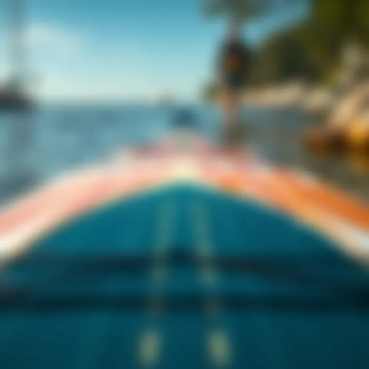 Detailed view of the paddle board's construction materials Detailed view of the paddle board's construction materials