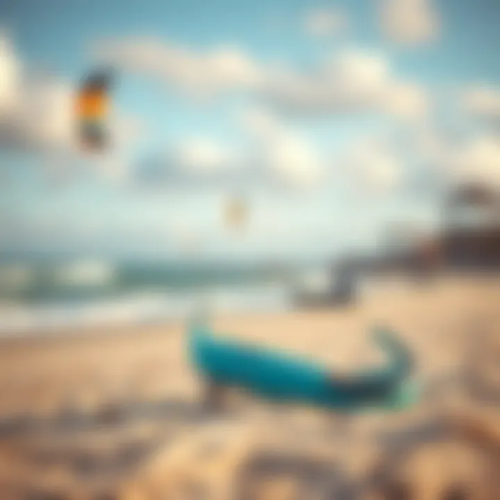 A picturesque beach scene with the Slingshot Trainer Kite setup on the sand, ready for flight.