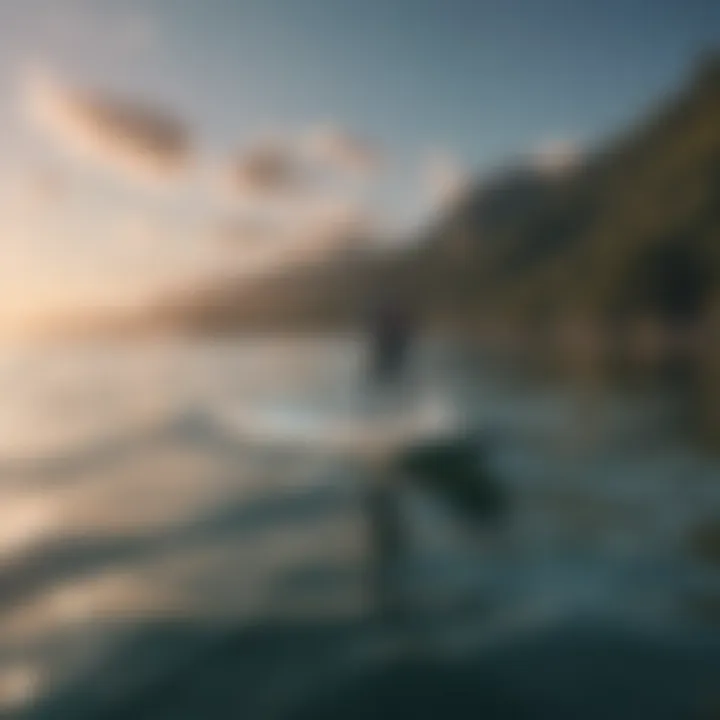 An elegant sup wing foil board gliding over calm waters