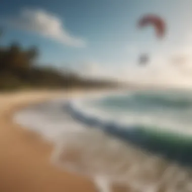 Scenic view of a beach with kiteboarding activity