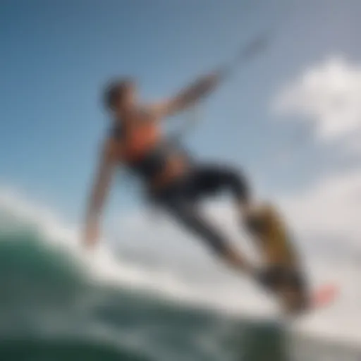 Kiteboarder riding a wave with the Wind Guru app displayed