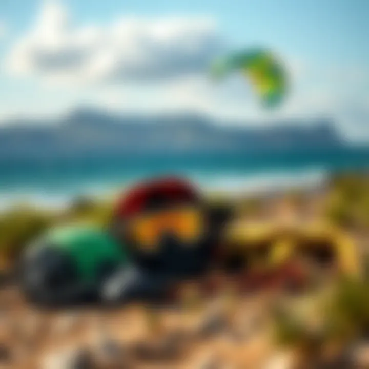 Kiteboarding Gear Against a Scenic Backdrop Kiteboarding gear laid out against a scenic backdrop