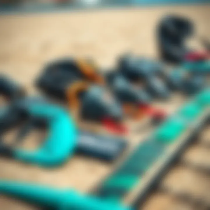 Close-up view of essential kiteboarding gear laid out on the beach, showcasing the intricacies of each component.