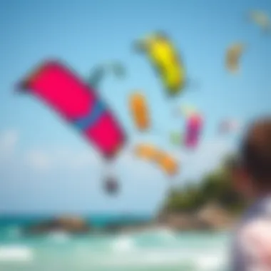 A vibrant scene of kiteboarding with an array of colorful kites soaring high above a pristine beach.