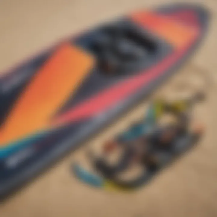 Close-up of kite surfing gear laid out on the beach