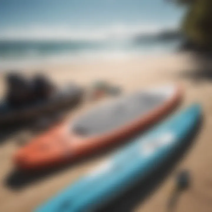 Equipment for stand-up paddleboarding laid out on a sunlit beach