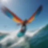 A vibrant wing surfing scene with colorful wings against a clear blue sky