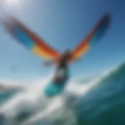 A vibrant wing surfing scene with colorful wings against a clear blue sky