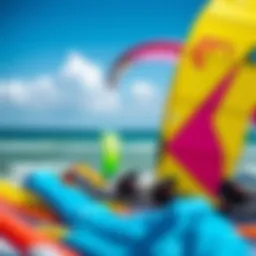 Vibrant used kitesurfing kites displayed on the shore