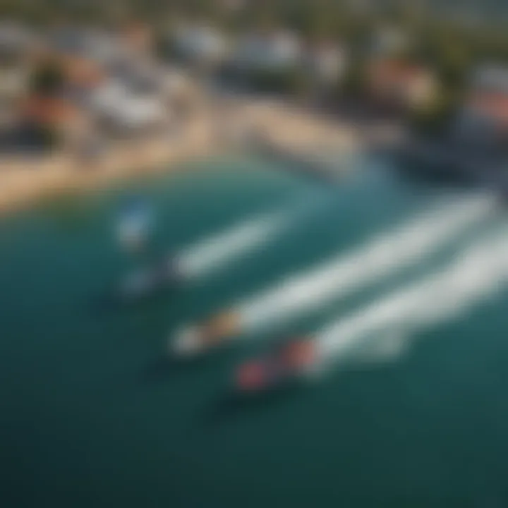 An aerial view of a wake foiling event