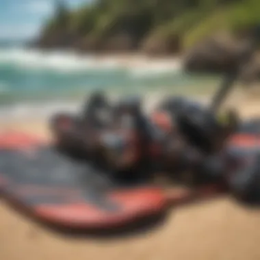 Essential Kiteboarding Gear at Goodwinds Kiteboarding gear laid out for enthusiasts at Goodwinds