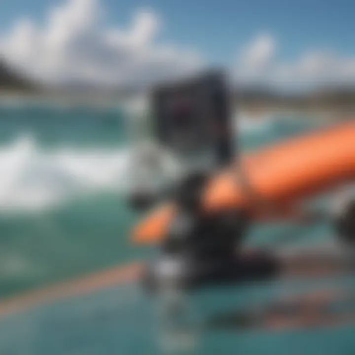 Close-up view of GoPro line mount installation on a kiteboard