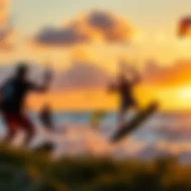 Sunset Kiteboarding Experience Kiteboarding enthusiasts enjoying a sunset session