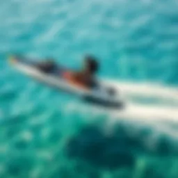 A futuristic hover surf board gliding over crystal clear waters