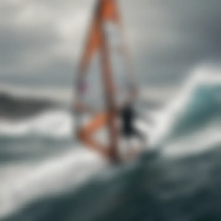 A scenic view of a hydrofoil windsurfer navigating through waves