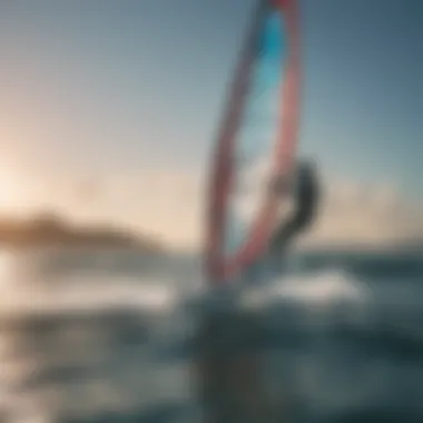 Inflatable Windsurf Foil Board in Action Inflatable windsurf foil board on water