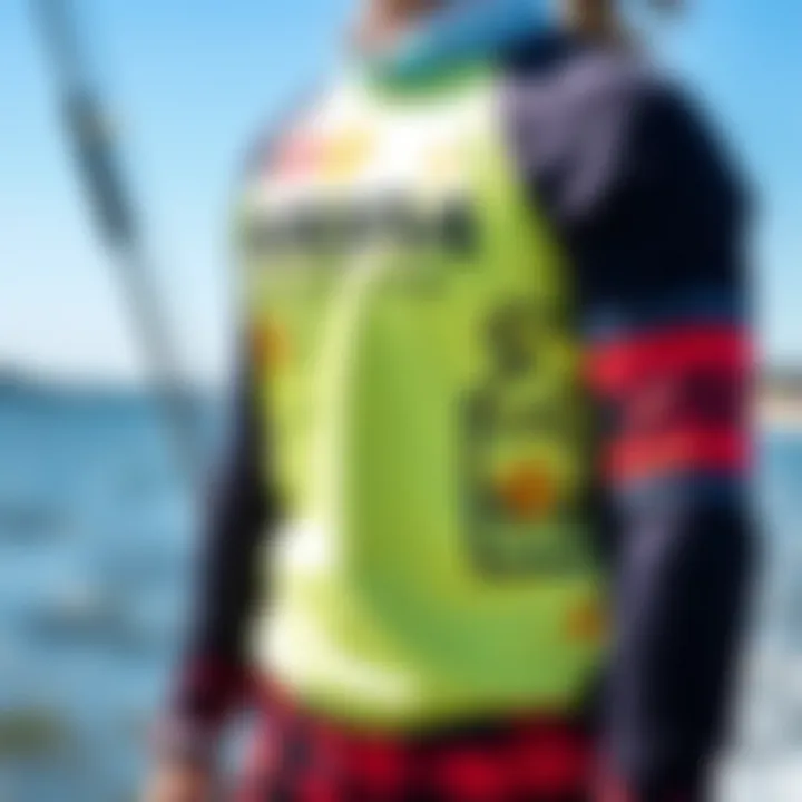 Branding and Visibility in Kiteboarding Branding elements on an instructor rash guard that enhance visibility and identity in the sport