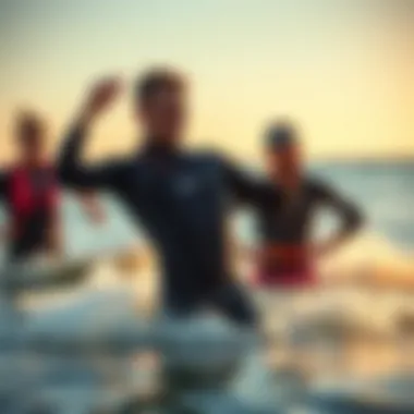 Proper Fit for Optimal Performance Instructor demonstrating proper fit of rash guard while engaging with students on the water