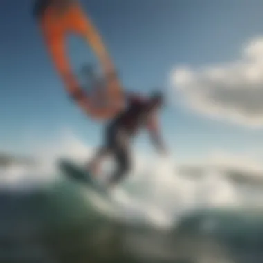 A serene scene depicting a kiteboarder navigating through clear waters.