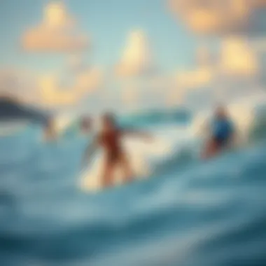 A group of enthusiastic surfers riding the waves, embodying the spirit of Kailua