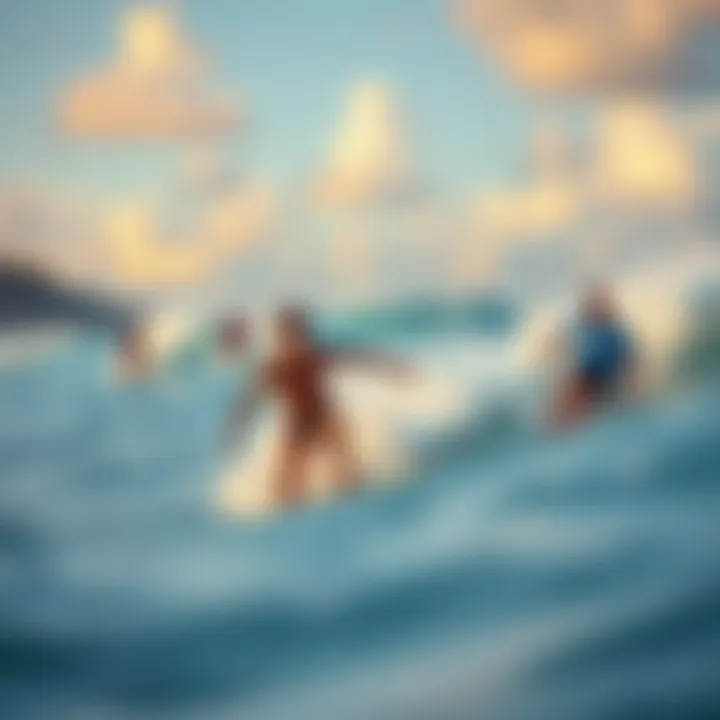 A group of enthusiastic surfers riding the waves, embodying the spirit of Kailua