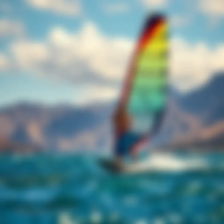 A vibrant view of windsurfing action against a backdrop of stunning mountains