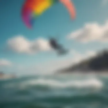 A kiteboarder gliding over the water with vibrant kites in the background