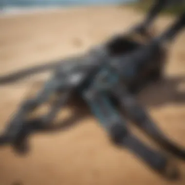 A close-up view of high-quality harnesses displayed on a sandy beach.