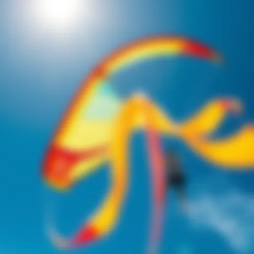 A vivid kite soaring against a clear blue sky