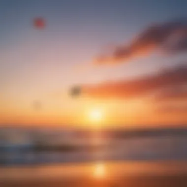 Colorful kites soaring against a vibrant sunset backdrop.