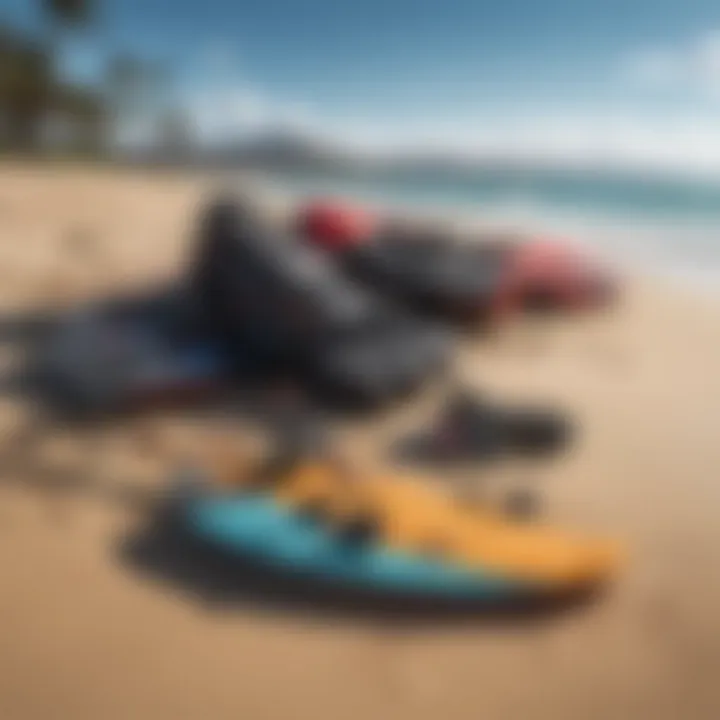 Close-up of essential kite surfing gear laid out on the beach