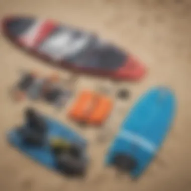 A close-up of kite surfing equipment laid out on the beach