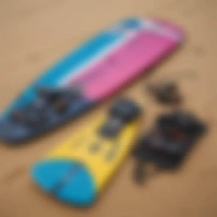 Close-up of kite surfing gear laid out on the sand