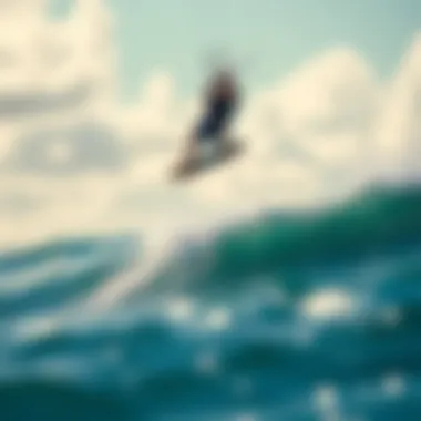 A dynamic action shot of a kite surfer performing a jump above the waves