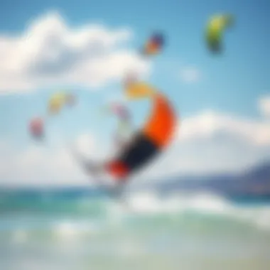 A vibrant beach scene with colorful kites soaring in the sky