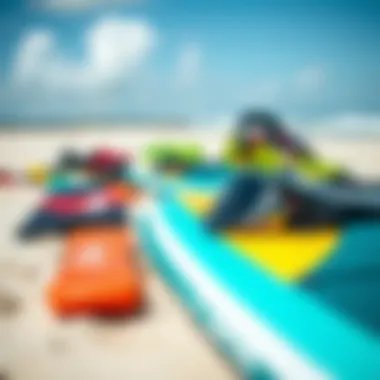 A close-up of essential kite surfing gear laid out on the sand