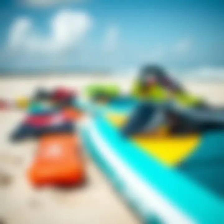 A close-up of essential kite surfing gear laid out on the sand