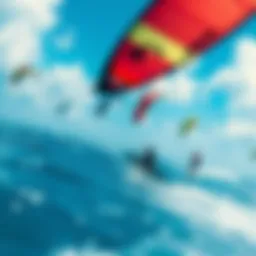 A vibrant kite surfing scene showing colorful kites soaring above the ocean
