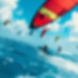 Vibrant Kite Surfing Adventure A vibrant kite surfing scene showing colorful kites soaring above the ocean