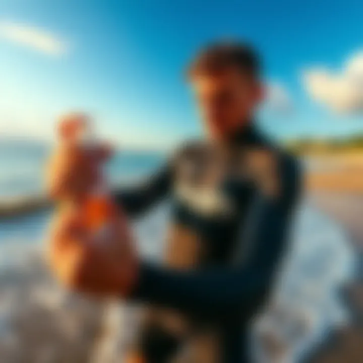 Kiteboarder Using Wetsuit Shampoo Kiteboarder applying wetsuit shampoo in a coastal setting