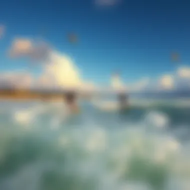 Thrilling Kiteboarding Experience Kiteboarders riding the waves at a nearby beach, illustrating the thrill of kiteboarding